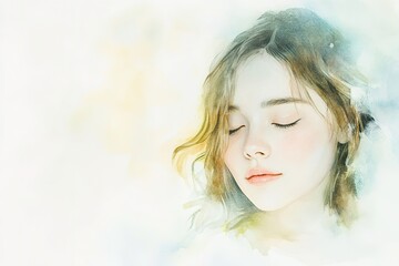 Fototapeta premium Dreamy watercolor portrait of a woman with eyes closed