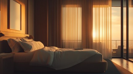 Sunrise Illuminates Modern Bedroom With City View