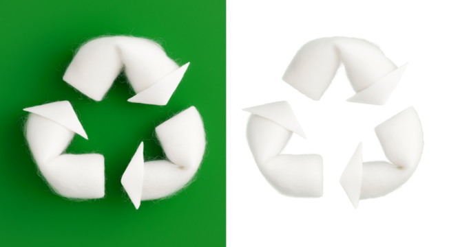 white cotton recycle symbol on white background, creative eco recycling icon cutout png - Powered by Adobe