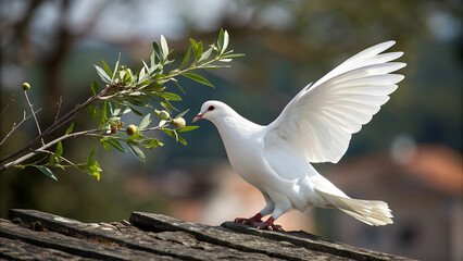 Fototapeta premium White Dove with Olive Branch: A Timeless Symbol of Peace