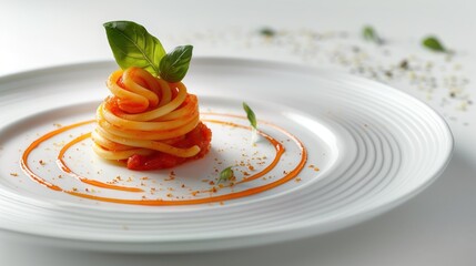 A beautifully plated spaghetti dish garnished with basil and sauce, showcasing culinary art.