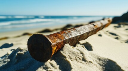 Ancient harpoon resting on sandy beach, partially buried with weathered wooden handle and rusted metal tip, evoking historical maritime heritage and archaeological significance.