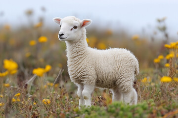 Fototapeta premium A Young Lamb Stands in a Field of Yellow Flowers