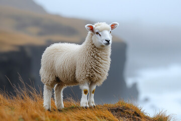 Fototapeta premium Icelandic Sheep Standing on a Cliffside