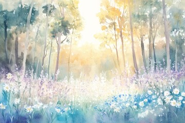 Obraz premium Serene Watercolor Forest Scene with Vibrant Wildflowers and Soft Sunlight Filtering Through Trees | Natures Tranquility and Beauty
