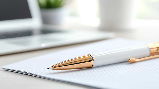 Executive charm in focus a poised pen on a desk amidst modern workspace business environment professional viewpoint