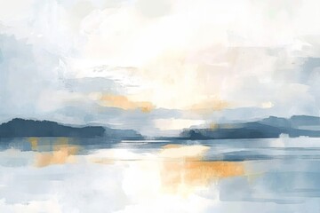 Naklejka premium Serene Watercolor Landscape: Soft Pastel Horizon, Calm Waters, and Gentle Light Reflections - Perfect for Home Decor and Creative Projects