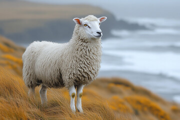 Fototapeta premium A Fluffy White Sheep Stands On A Coastal Hillside