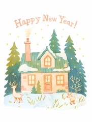 Obraz premium festive winter illustration of a cozy house with deer and 