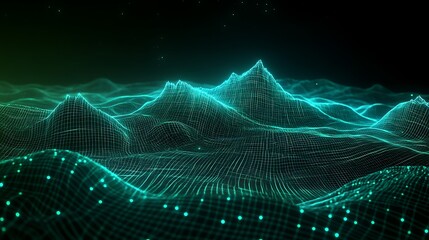 Digital Landscape with Neon Grid and Wave Patterns Representing Technology and Data Visualization