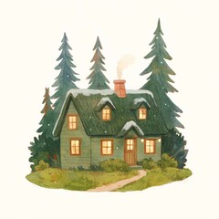Snow-covered green cottage with glowing windows and a chimney,  pine trees, winter landscape illustration, ideal for Christmas cards, New Year postcards, or seasonal holiday designs, with copy space
