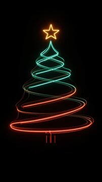 recommend clip art: Neon christmas tree outline with ornaments and golden star
