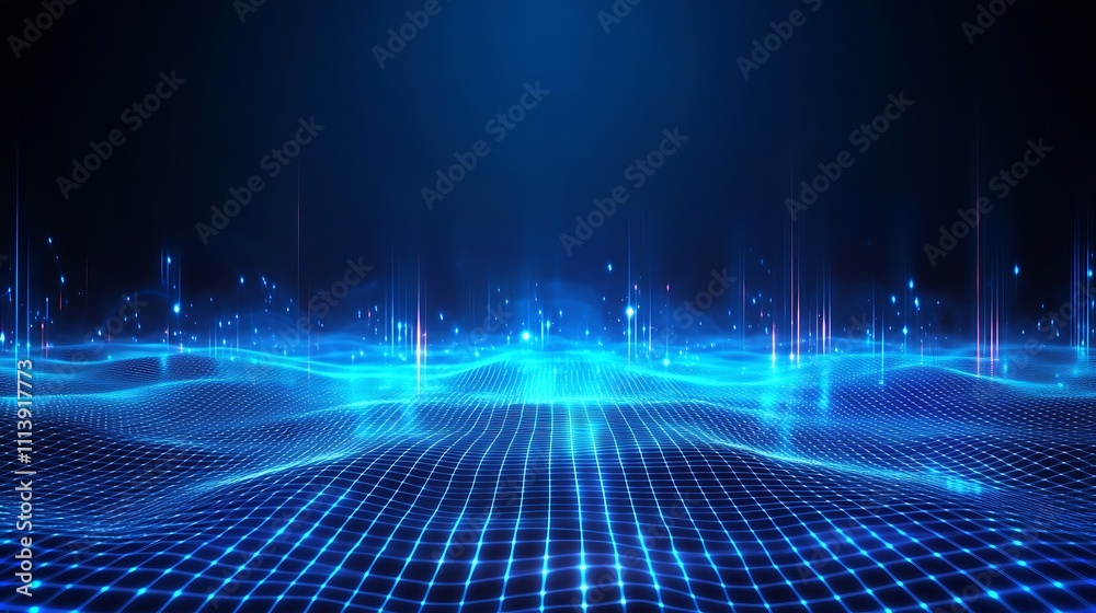Aufkleber Digital Waves of Light and Glow on a Blue Background for Abstract Concepts and Technology Designs