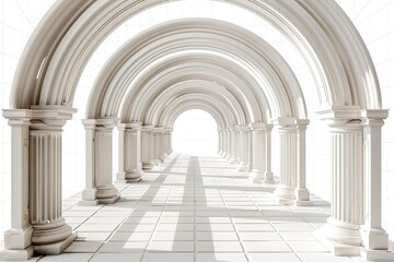 Fototapeta premium Elegant white arched colonnade pathway leading to light.