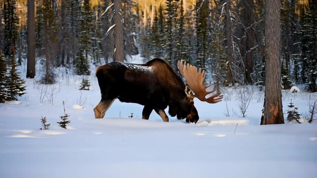 A bull moose searching for food under the snow in a winter forest, Jasper National Park, Alberta, Canada