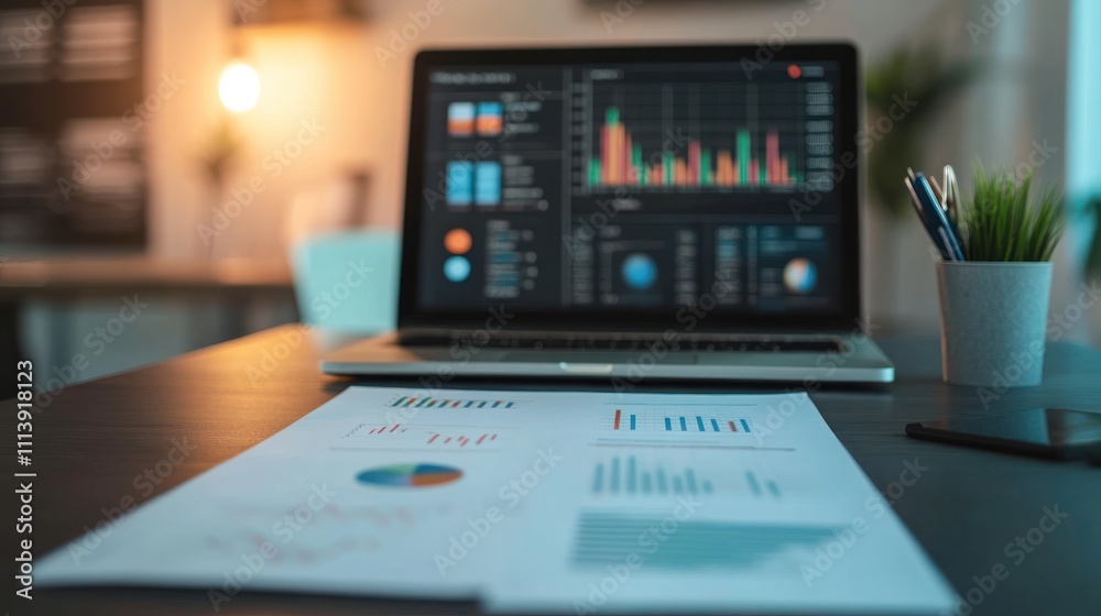 Poster laptop displaying data analytics with printed reports