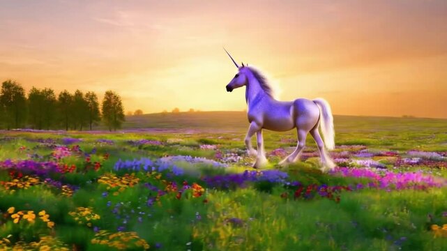 A unicorn is walking through a field of flowers Video