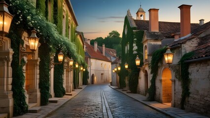 Fototapeta premium /imagine: A quiet cobblestone street in an old town, lined with ivy-covered stone buildings and vintage lanterns glowing warmly in the evening light --ar 3:2 --v 4