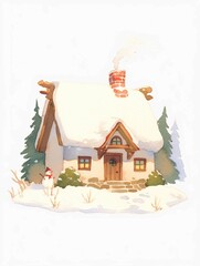 Snow-covered cottage with wooden details and chimney, surrounded by pine trees, winter landscape illustration, ideal for holiday postcards, xmas decorations, or seasonal print designs, with copy space
