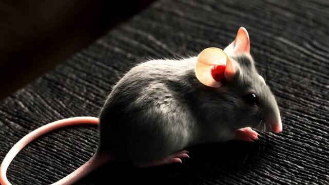 A small, furry mouse with large ears and a long tail sits on a dark surface