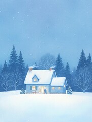 Naklejka premium snowy winter landscape with a cozy house surrounded by trees, peaceful holiday scene, ideal for seasonal greeting cards or winter designs