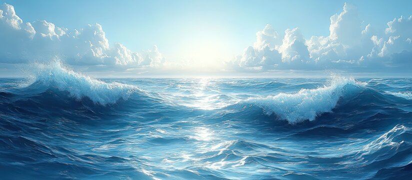Ocean waves rolling under a bright sunny sky with puffy clouds.