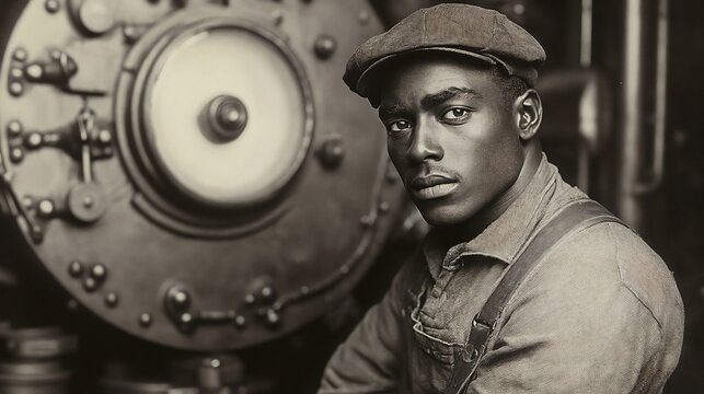 African American worker by industrial machinery in black and white