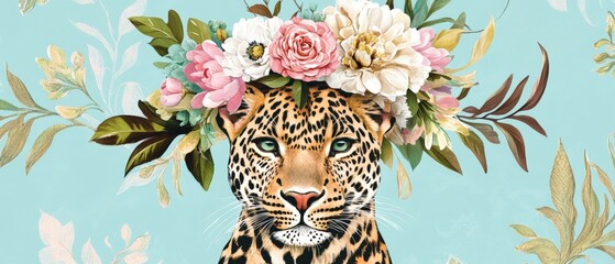 Stylish Leopard with Floral Crown on Turquoise Background - Vibrant Animal Art for Home Decor and Nature Lovers