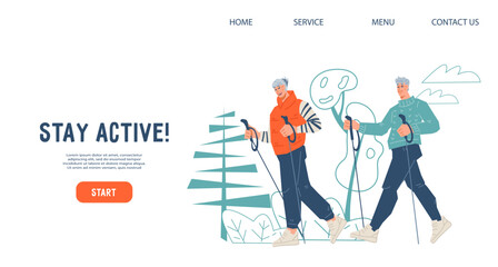Nordic walking active sport suitable for seniors for active lifestyle concept, vector illustration on white. Website banner for seniors health club and Nordic walking training.