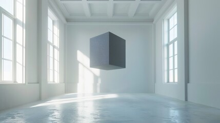 A floating gray cube in a bright, minimalist room with large windows.