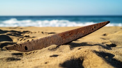 Ancient harpoon resting on sandy beach, partially buried with weathered wooden handle and rusted metal tip, evoking historical maritime heritage and archaeological significance.
