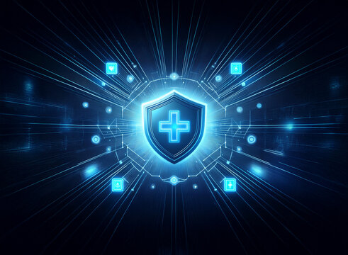A glowing blue shield with a cross at its center, surrounded by a futuristic digital interface, symbolizes health security and technological protection.  Lines of light radiate outward, suggesting spe
