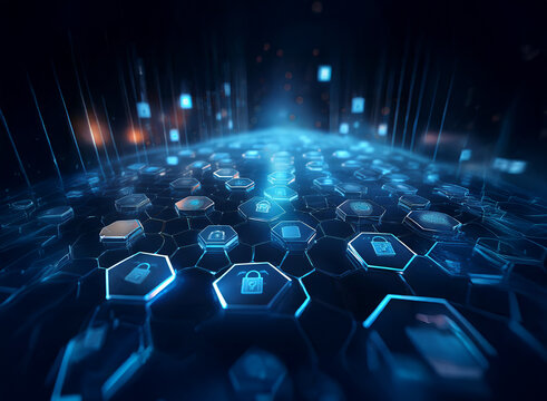 Abstract digital landscape of glowing hexagons forming a network, featuring icons representing secure online shopping and transactions.  Cybersecurity, data protection concepts are visualized.