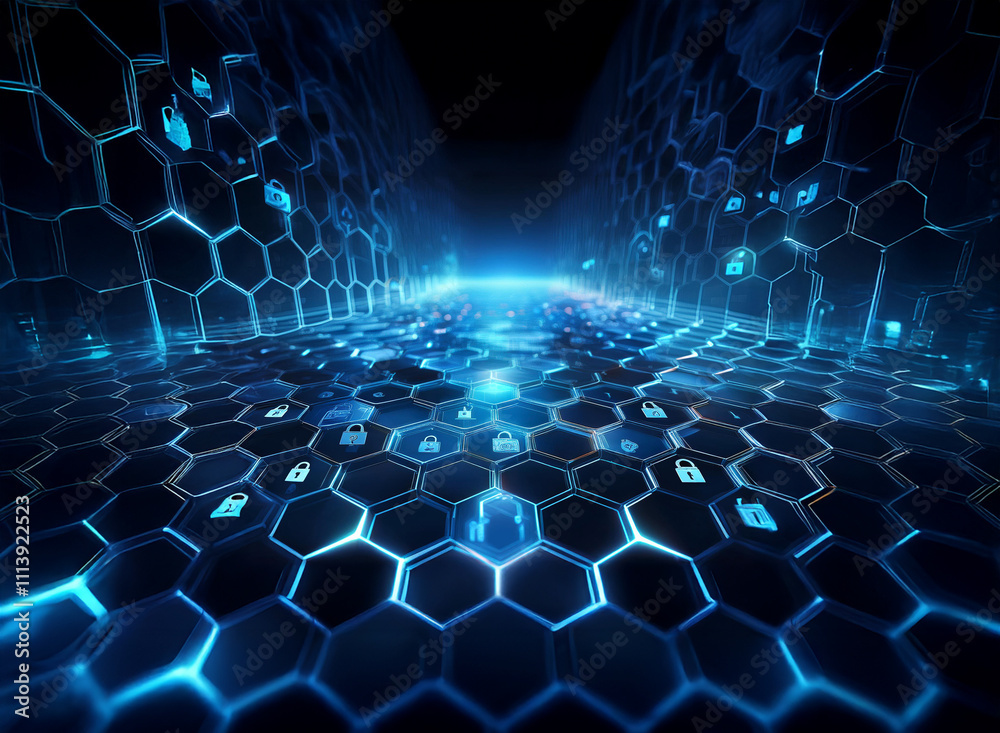 Poster abstract digital tunnel of glowing blue hexagons and padlock icons. represents cybersecurity, data p