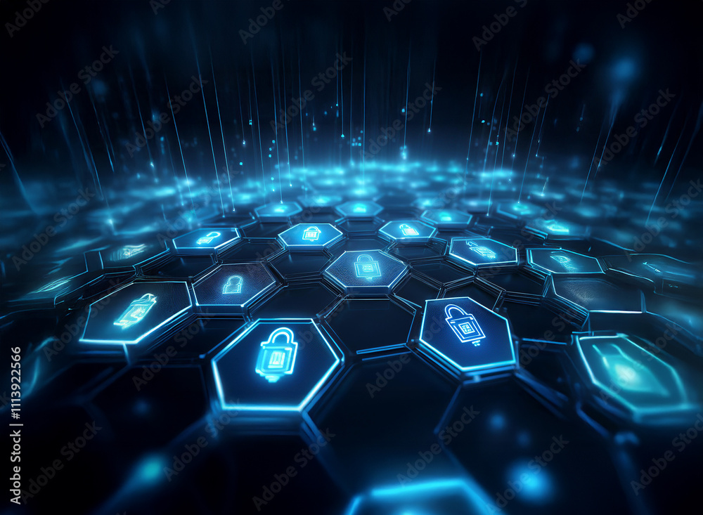 Poster Abstract digital landscape.  Hexagonal grid glows with blue light, displaying futuristic security icons.  Data streams descend from above.  Represents cybersecurity and network protection.