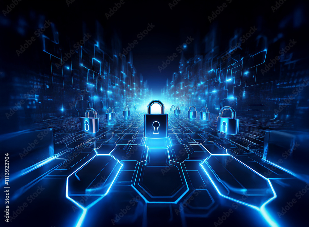 Poster abstract digital landscape depicting a glowing pathway of interconnected hexagons, featuring numerou