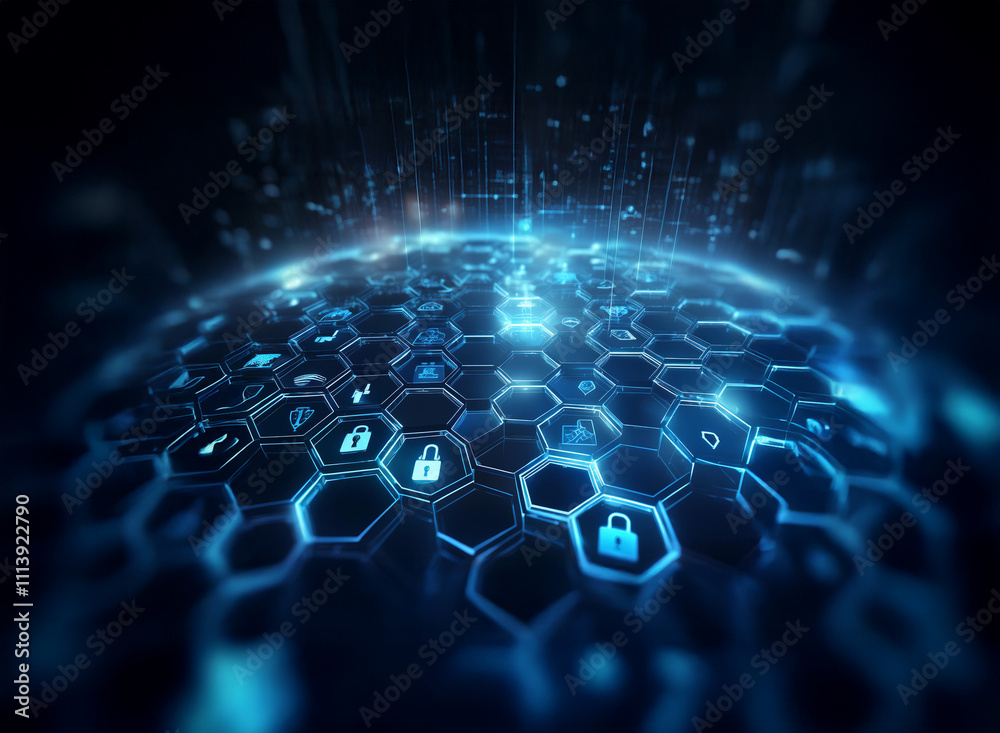 Poster A futuristic digital globe displays a network of hexagonal icons, representing global data security and interconnected systems.  Blue glowing lights illuminate the intricate structure, symbolizing tec