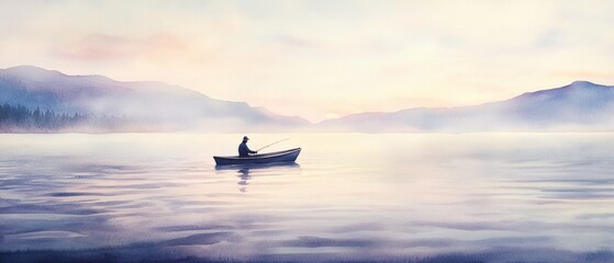 Tranquil Sunrise Over Misty Lake with Solitary Fisherman in a Canoe - Serene Nature Scenery for Relaxation and Meditation