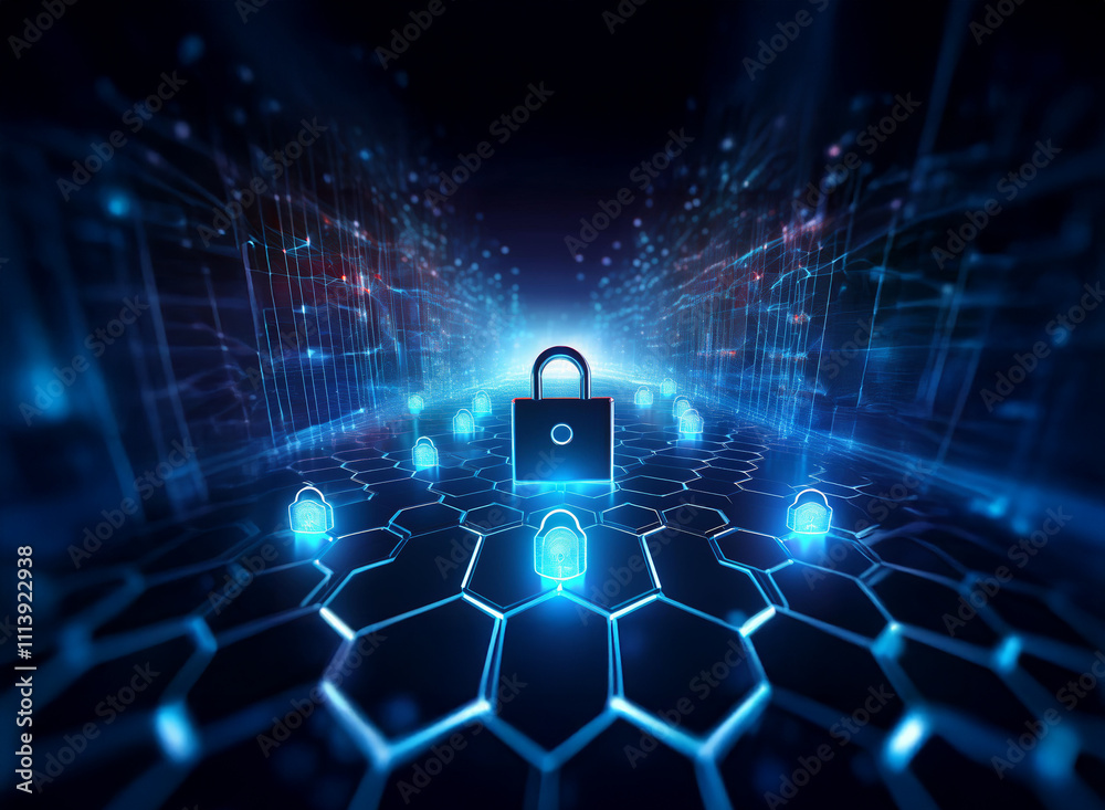 Fototapete a glowing padlock sits at the center of a hexagonal network, symbolizing digital security and data p