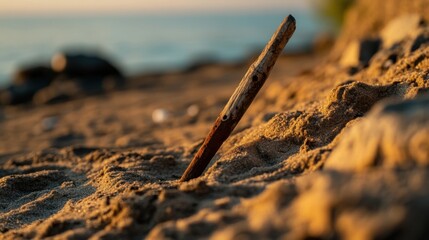 Ancient harpoon resting on sandy beach, partially buried with weathered wooden handle and rusted metal tip, evoking historical maritime heritage and archaeological significance.
