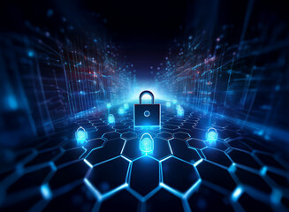 A glowing padlock sits at the center of a hexagonal network, symbolizing digital security and data protection within a futuristic, abstract landscape. Surrounding the main lock are smaller, glowing p