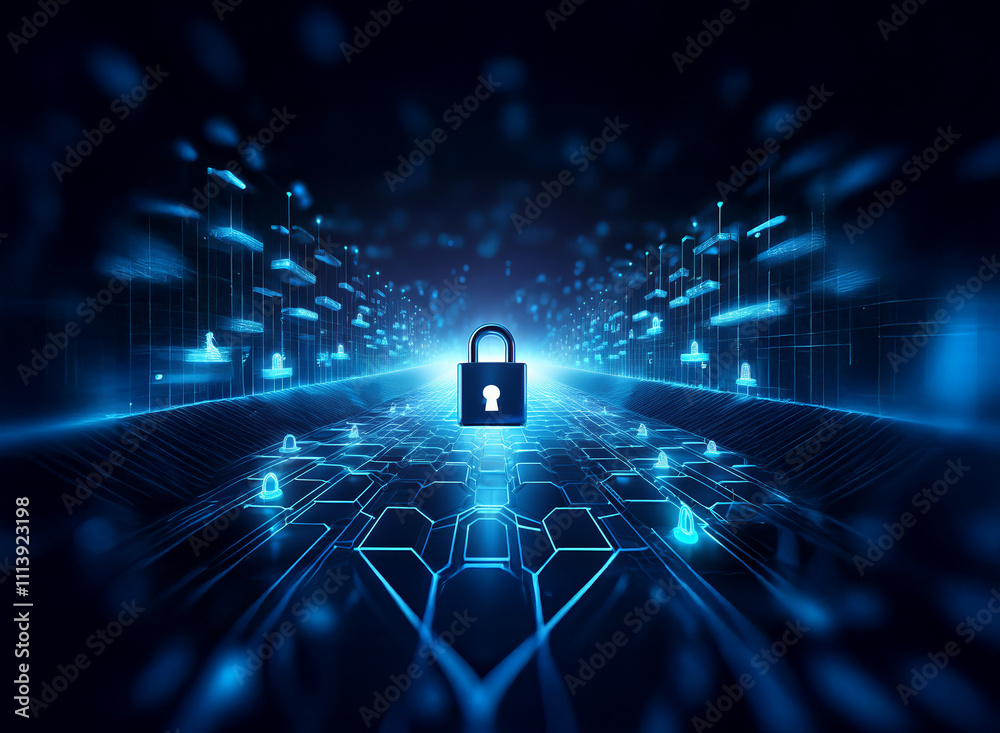 Aufkleber A glowing blue padlock sits at the center of a digital landscape, symbolizing cybersecurity and data protection within a network.  Surrounding it are abstract representations of data flow and connecti