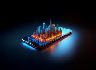 A futuristic cityscape miniature sits atop a glowing smartphone, symbolizing mobile technology and urban development.  The scene is dark, illuminated by vibrant blue and orange light.