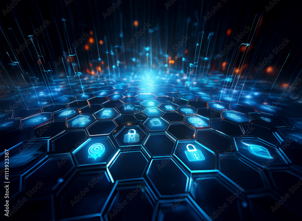 Poster Abstract digital landscape.  Glowing blue hexagons form a grid, each containing various digital icons.  Data streams rise from the surface.  Represents technology, security, and connection.