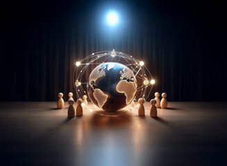 Illuminated globe encircled by interconnected nodes, symbolizing global network, observed by a group of wooden figures on a stage.  The scene suggests connection, community, and worldwide collaboratio