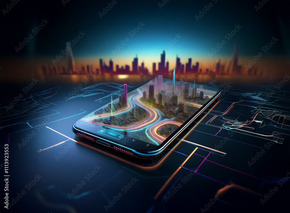 Poster a futuristic city model displayed on a smartphone screen, resting on a digital map. the scene is set