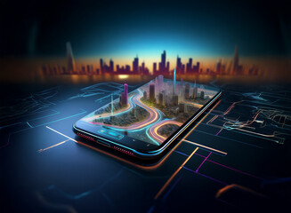 A futuristic city model displayed on a smartphone screen, resting on a digital map.  The scene is set against a city skyline at sunset, suggesting advanced navigation technology.