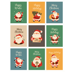 A set of flat vector illustrations on Christmas theme. Set of cards with Santa Claus for Christmas. . Vector illustration