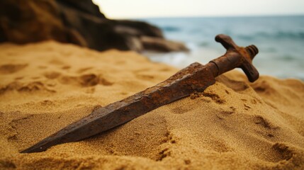 Ancient harpoon resting on sandy beach, partially buried with weathered wooden handle and rusted metal tip, evoking historical maritime heritage and archaeological significance.
