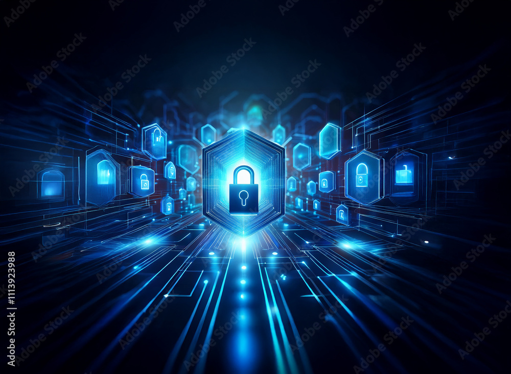 Poster cybersecurity concept: glowing padlock at center of digital network, surrounded by data security ico